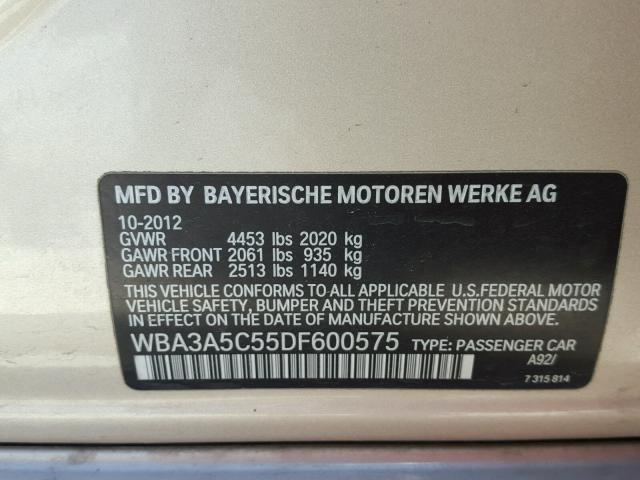 WBA3A5C55DF600575 - 2013 BMW 328 I BEIGE photo 10