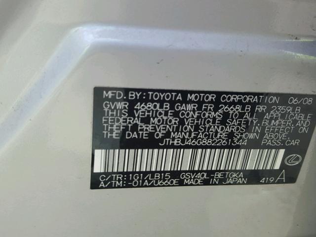 JTHBJ46G882261344 - 2008 LEXUS ES SILVER photo 10