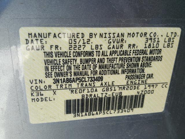 3N1AB6AP5CL733409 - 2012 NISSAN SENTRA 2.0 GRAY photo 10