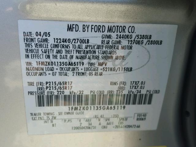 1FMZK01135GA65119 - 2005 FORD FREESTYLE SILVER photo 10