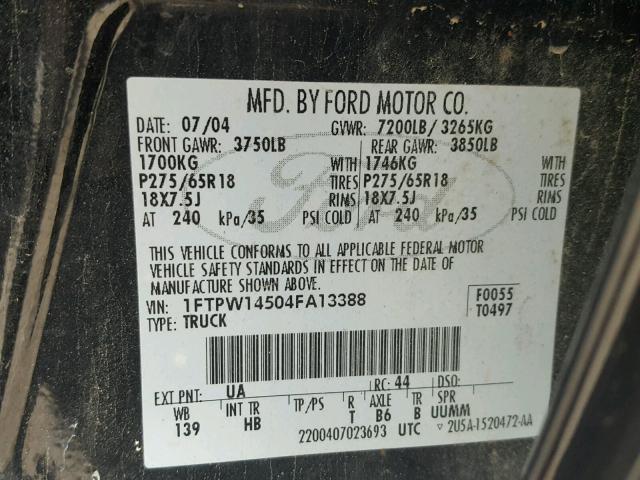 1FTPW14504FA13388 - 2004 FORD F150 SUPER BLACK photo 10