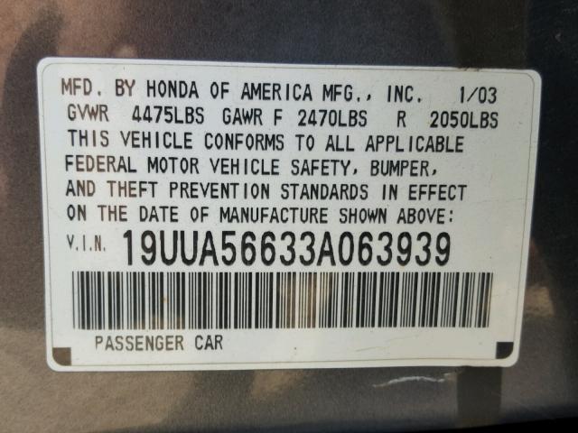 19UUA56633A063939 - 2003 ACURA 3.2TL GRAY photo 10