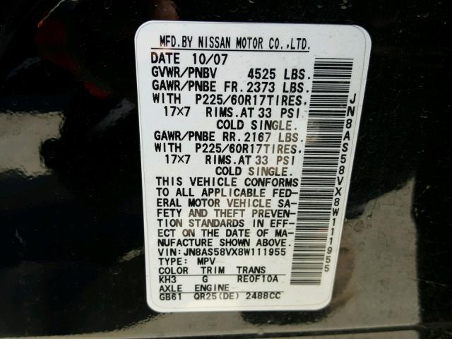 JN8AS58VX8W111955 - 2008 NISSAN ROGUE S BLACK photo 10