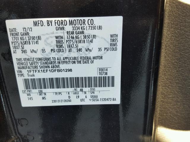 1FTFX1EF1DFB01298 - 2013 FORD F150 SUPER BLACK photo 10