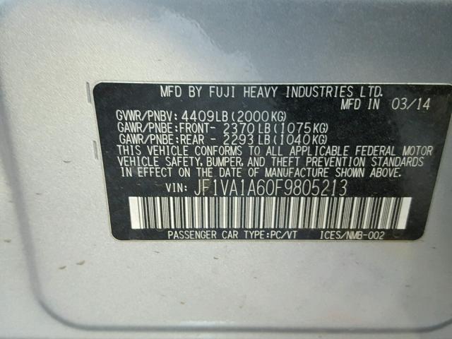 JF1VA1A60F9805213 - 2015 SUBARU WRX GRAY photo 10