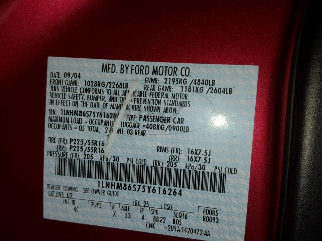 1LNHM86S75Y616264 - 2005 LINCOLN LS 红色 照片 10