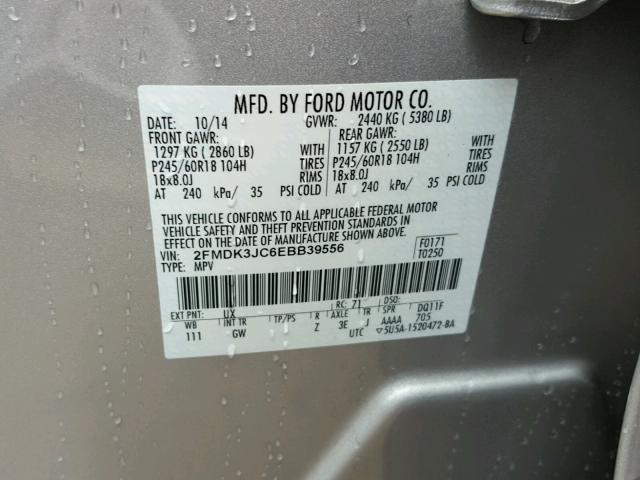 2FMDK3JC6EBB39556 - 2014 FORD EDGE SILVER photo 10