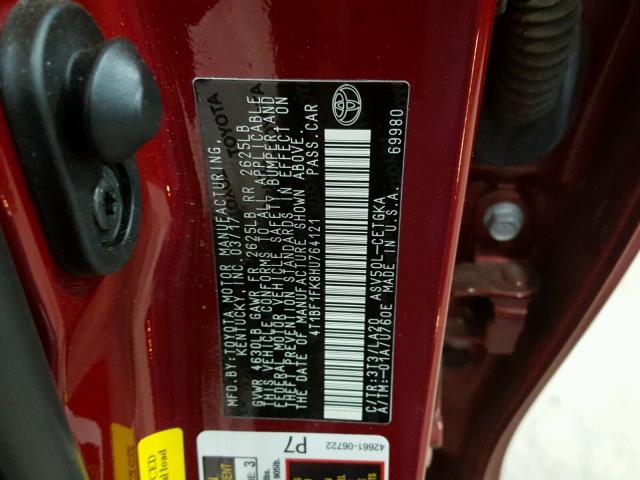 4T1BF1FK8HU764121 - 2017 TOYOTA CAMRY LE RED photo 10