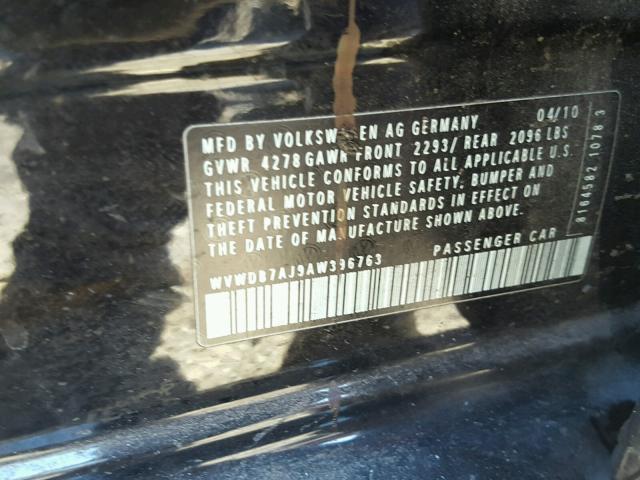 WVWDB7AJ9AW396763 - 2010 VOLKSWAGEN GOLF 黑色 照片 10