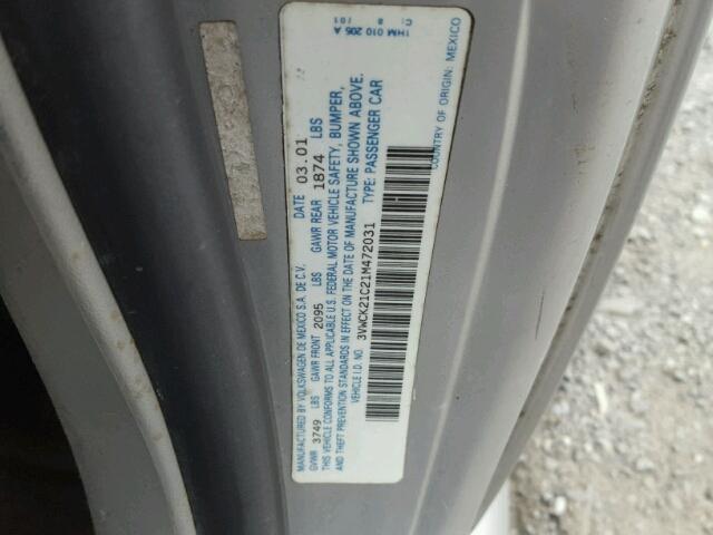 3VWCK21C21M472031 - 2001 VOLKSWAGEN NEW BEETLE SILVER photo 10