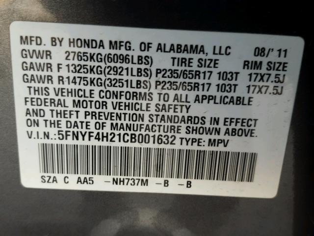 5FNYF4H21CB001632 - 2012 HONDA PILOT GRAY photo 10