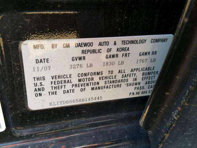 KL1TD66658B145445 - 2008 CHEVROLET AVEO BASE Սև լուսանկար 10