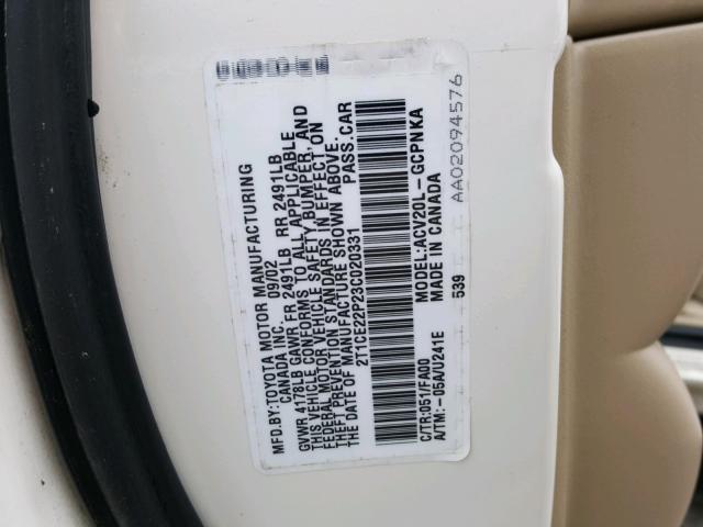 2T1CE22P23C020331 - 2003 TOYOTA CAMRY SOLA WHITE photo 10