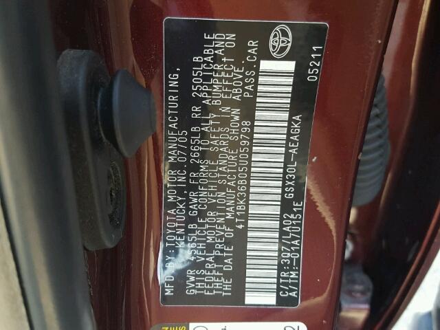 4T1BK36B05U059798 - 2005 TOYOTA AVALON XL RED photo 10