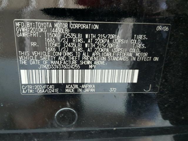 JTMZD33V376024255 - 2007 TOYOTA RAV4 BLACK photo 10