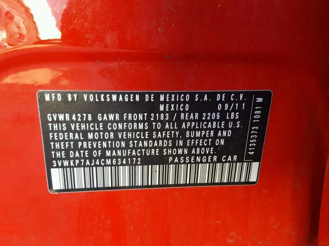 3VWKP7AJ4CM634172 - 2012 VOLKSWAGEN JETTA S 红色 照片 10