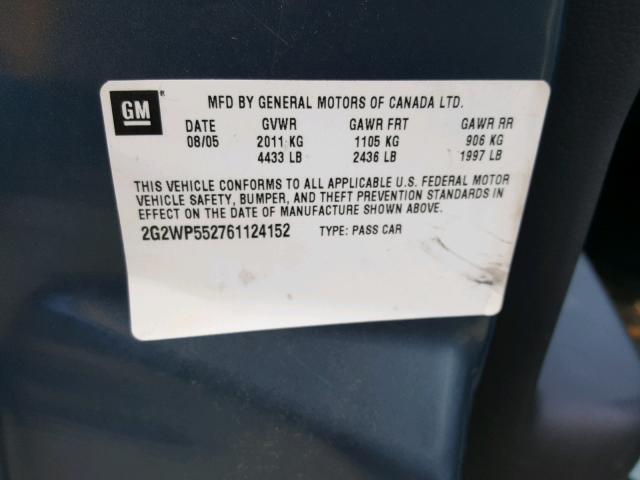 2G2WP552761124152 - 2006 PONTIAC GRAND PRIX GRAY photo 10