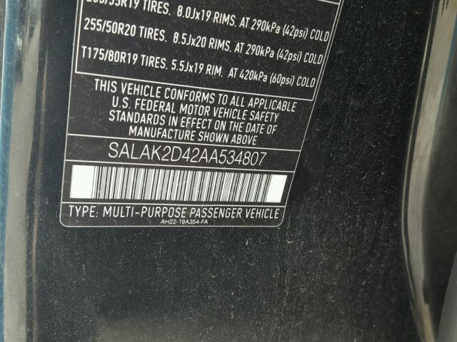 SALAK2D42AA534807 - 2010 LAND ROVER LR4 HSE LU BLACK photo 10