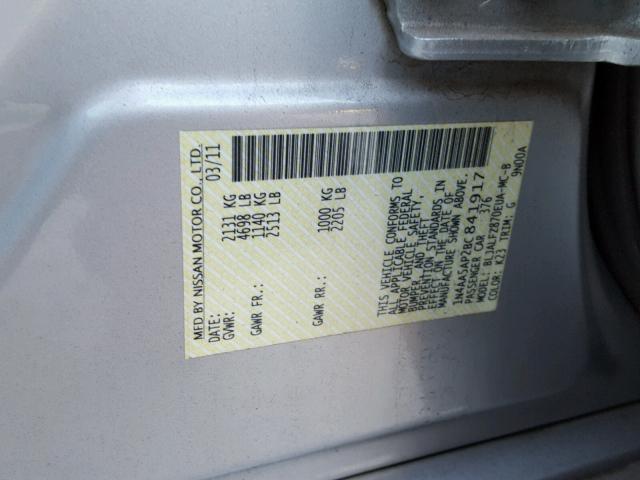 1N4AA5AP2BC841917 - 2011 NISSAN MAXIMA S Srebrny zdjęcie 10