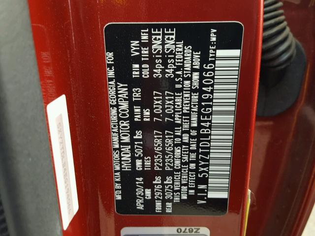 5XYZTDLB4EG194066 - 2014 HYUNDAI SANTA FE S 红色 照片 10