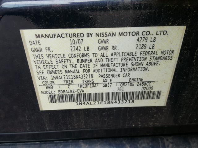 1N4AL21E18N433218 - 2008 NISSAN ALTIMA BLUE photo 10