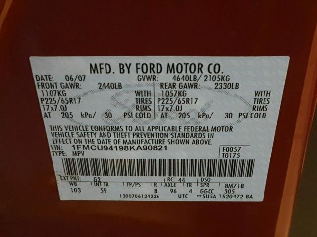 1FMCU94198KA90821 - 2008 FORD ESCAPE LIM RED photo 10