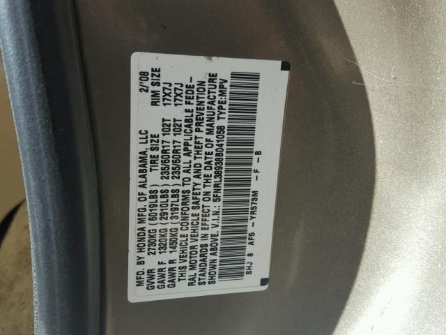 5FNRL38938B041058 - 2008 HONDA ODYSSEY TO GOLD photo 10