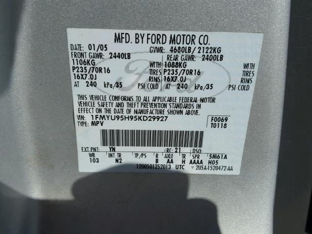 1FMYU95H95KD29927 - 2005 FORD ESCAPE HEV SILVER photo 10