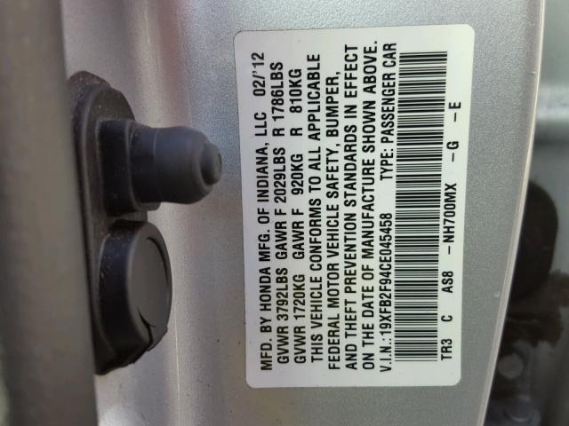 19XFB2F94CE045458 - 2012 HONDA CIVIC EXL SILVER photo 10