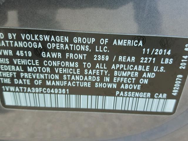 1VWAT7A39FC049361 - 2015 VOLKSWAGEN PASSAT GRAY photo 10