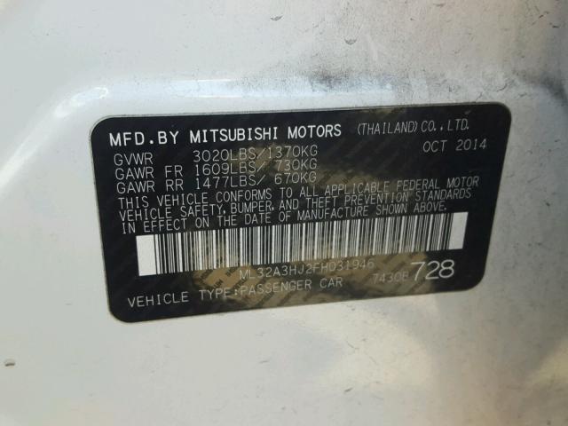 ML32A3HJ2FH031946 - 2015 MITSUBISHI MIRAGE DE WHITE photo 10