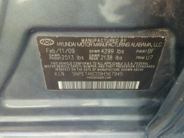 5NPET46C09H567945 - 2009 HYUNDAI SONATA GLS GRAY photo 10