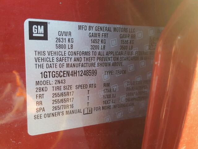 1GTG5CEN4H1248599 - 2017 GMC CANYON SLE RED photo 10