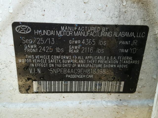 5NPEB4AC9EH818398 - 2014 HYUNDAI SONATA GLS WHITE photo 9