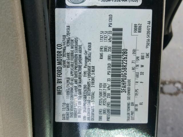 3FAHP0JG5BR226280 - 2011 FORD FUSION SEL BLACK photo 10