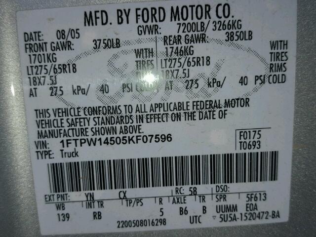 1FTPW14505KF07596 - 2005 FORD F150 SUPER SILVER photo 10