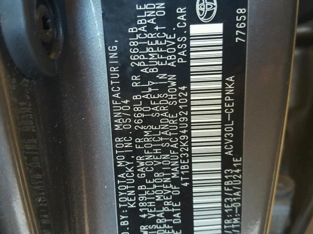 4T1BE32K94U921024 - 2004 TOYOTA CAMRY LE 灰色 照片 10