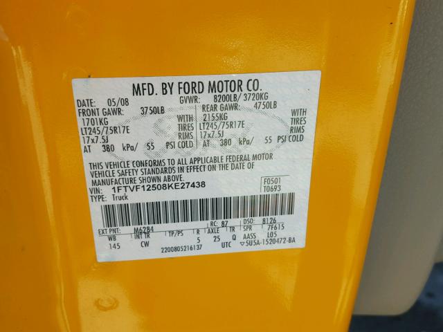 1FTVF12508KE27438 - 2008 FORD F150 YELLOW photo 10