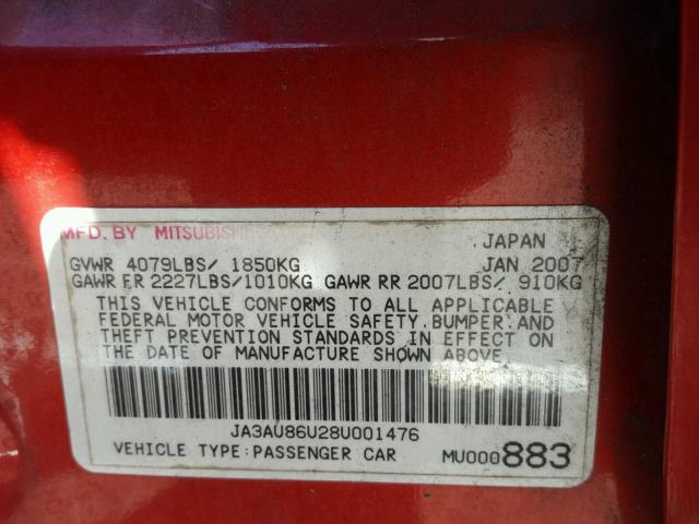 JA3AU86U28U001476 - 2008 MITSUBISHI LANCER GTS RED photo 10