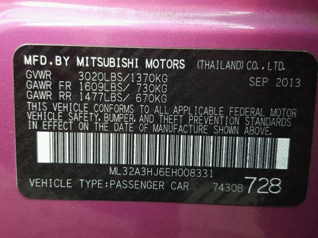 ML32A3HJ6EH008331 - 2014 MITSUBISHI MIRAGE PINK photo 10