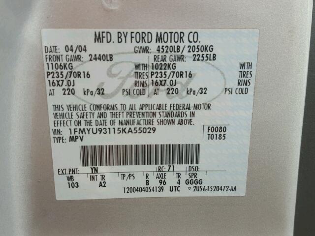 1FMYU93115KA55029 - 2005 FORD ESCAPE XLT GRAY photo 10