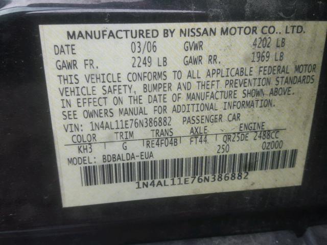 1N4AL11E76N386882 - 2006 NISSAN ALTIMA S BLACK photo 10