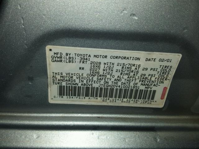 JTEGH20V410021851 - 2001 TOYOTA RAV4 SILVER photo 10