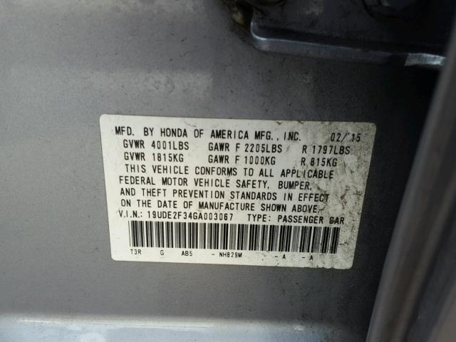 19UDE2F34GA003067 - 2016 ACURA ILX BASE SILVER photo 10