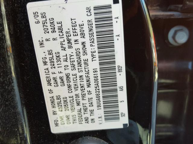 19UUA66225A066191 - 2005 ACURA TL BLACK photo 10