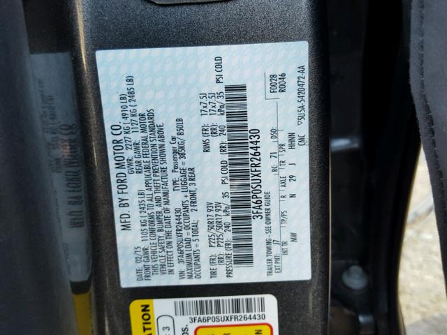 3FA6P0SUXFR264430 - 2015 FORD FUSION TIT CHARCOAL photo 10