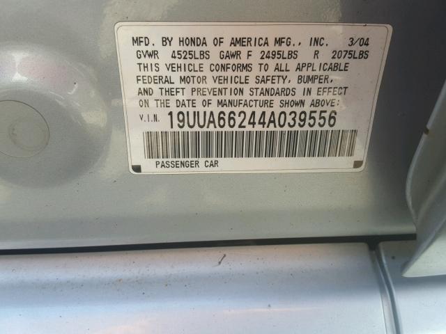 19UUA66244A039556 - 2004 ACURA TL GRAY photo 10