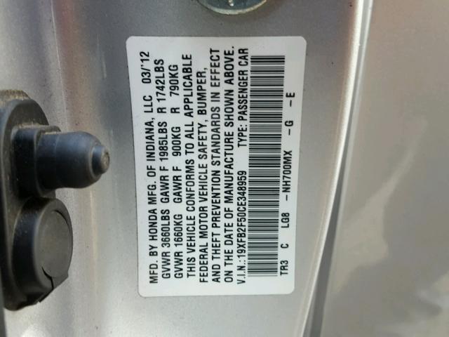 19XFB2F50CE348959 - 2012 HONDA CIVIC LX Argent photo 10