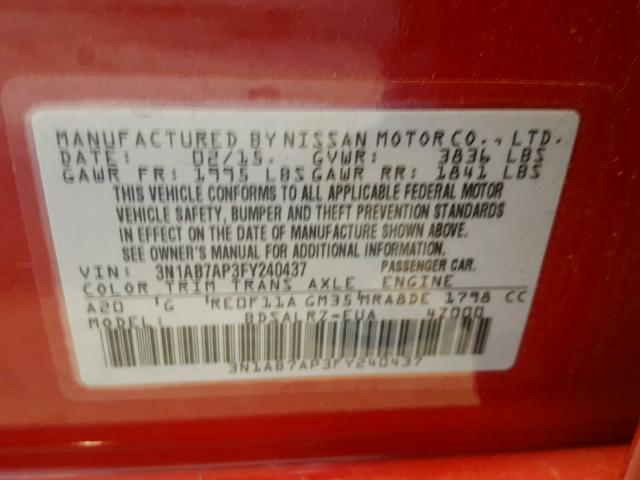 3N1AB7AP3FY240437 - 2015 NISSAN SENTRA S RED photo 10