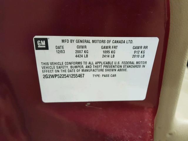 2G2WP522541255467 - 2004 PONTIAC GRAND PRIX MAROON photo 10